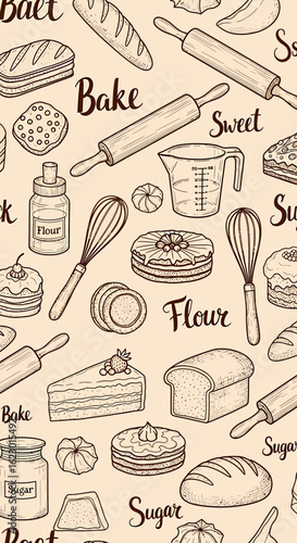 Hand-drawn baking pattern with bread, cakes, flour, sugar, and baking tools