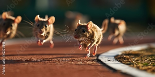 A group of mice running on a track with one in focus and others blurred in the background outdoors