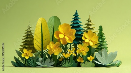 Vibrant Paper Flowers and Trees Arrangement on Soft Green Background