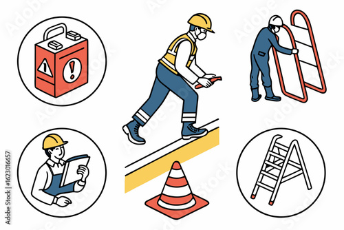 Construction workers with safety equipment and warning signs