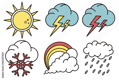 Set of weather icons including sun, clouds, lightning, rain, snow, and rainbow