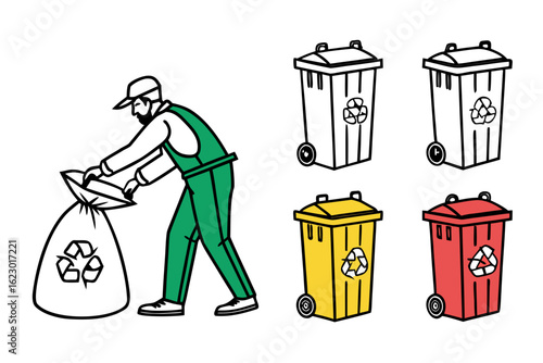 Worker collecting garbage in a bag next to recycling bins isolated on white background