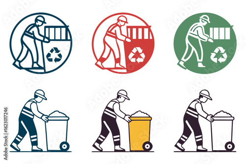 Worker collecting garbage and recycling in bins, set of icons