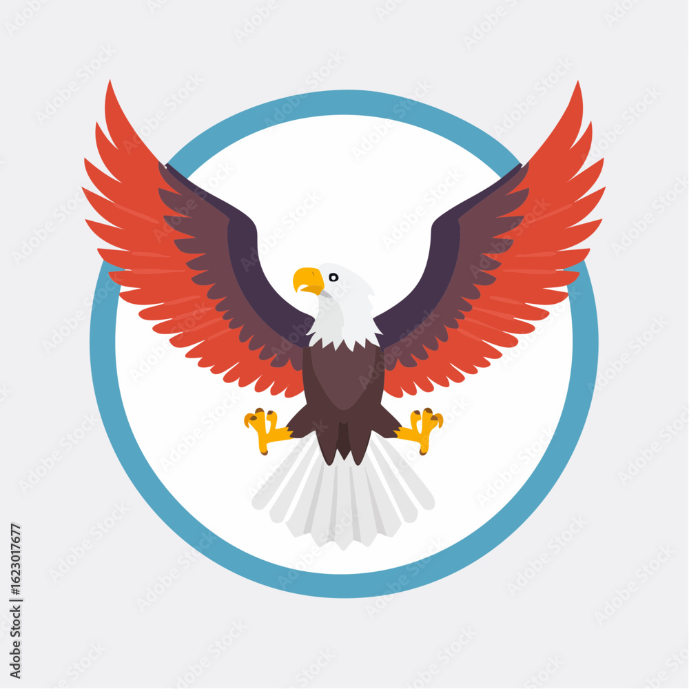 Obraz premium Illustration of a Bald Eagle with Red and White Feathers Inside a Blue Circle