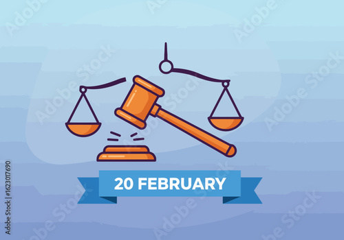 Vector illustration of gavel and scales of justice symbolizing law, court, legal judgment, fairness, equality, and rights on february 20th