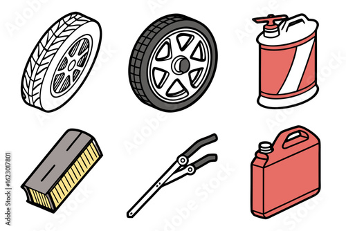 Set of car parts and tools including tires, gas cans, brush, and pliers isolated on white background