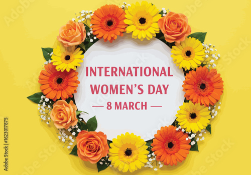 Vector illustration of floral wreath celebrating international womens day on march 8th, symbolizing female empowerment, gender equality, and respect