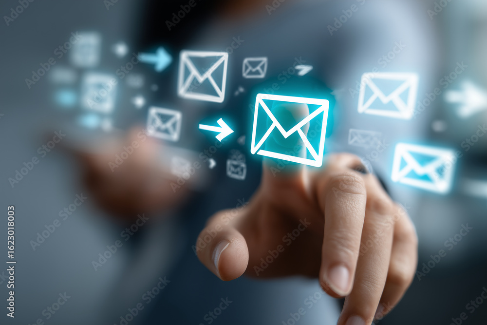 Macro conceptual image of a touch-based email interface, hands engaging with a virtual layer of glowing blue icons, email envelopes highlighted at the forefront surrounded by digit Macro conceptual image of a touch-based email interface, hands engaging with a virtual layer of glowing blue icons, email envelopes highlighted at the forefront surrounded by digit