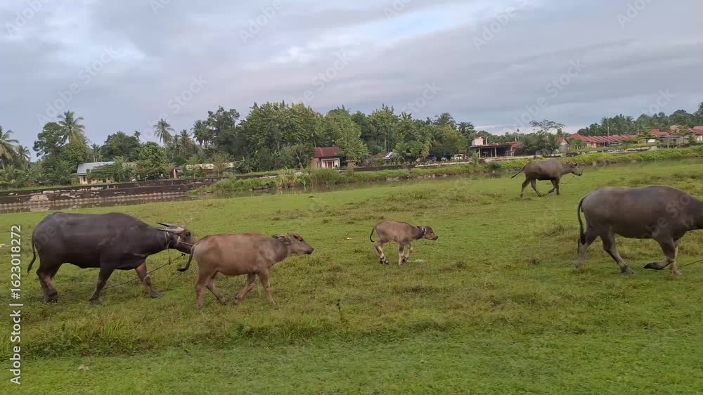 Group of Buffaloes Running on Riverside Grassland in the Morning Light Group of Buffaloes Running on Riverside Grassland in the Morning Light