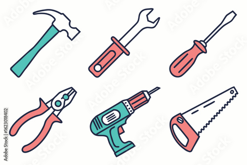 Collection of hand and power tools isolated on white background