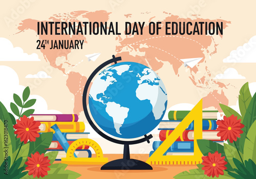 Vector illustration of international day of education celebrated on january 24th with a globe, books, and school supplies, representing global learning and knowledge acquisition