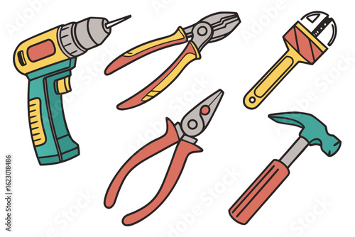 Collection of hand tools and power drill isolated on white background