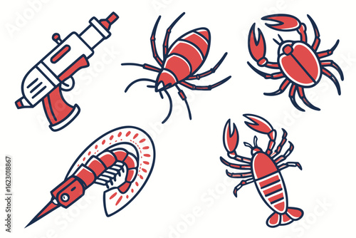 Collection of retro scifi inspired sea creatures and raygun, isolated on white background