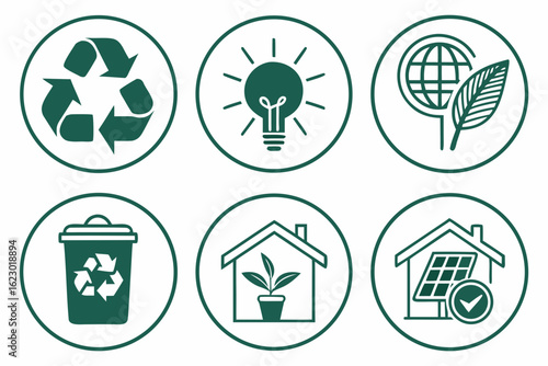 Collection of six green ecofriendly icons isolated on white background