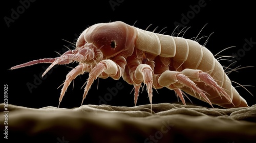 Macro shot of a head louse crawling on a strand of hair, extreme close-up, highly detailed