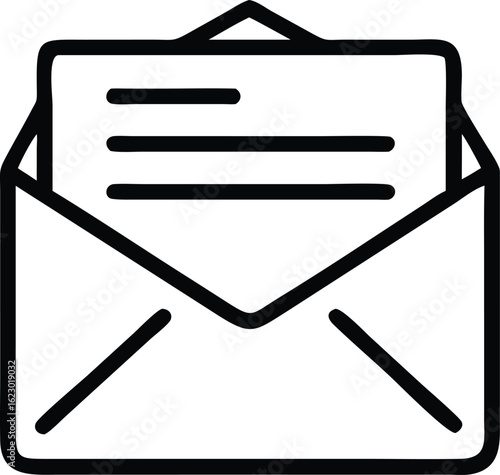 Open Mail Outline: A simple, yet elegant line art illustration showcases an open envelope containing a letter, the perfect visual for representing correspondence.