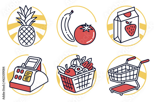Set of grocery and shopping icons isolated on white background