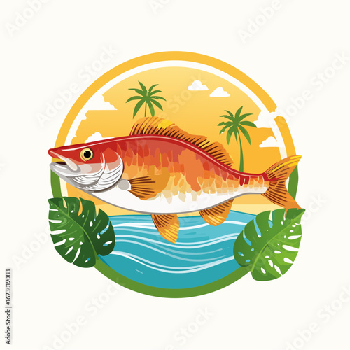 Vibrant depiction of a fish with a tropical design featuring palm trees and ocean waves