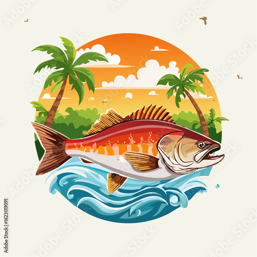 Tropical Fish Paradise: Vibrant Seascape with Lush Palm Trees and Sunlit Horizon