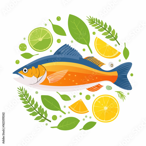 Vibrant illustration of a fresh fish surrounded by citrus fruit and green herbs