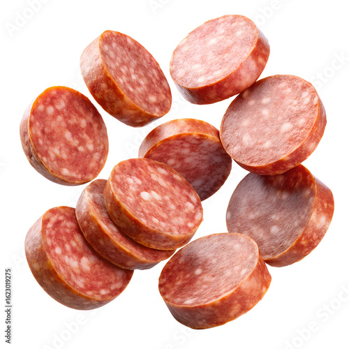	Floating sliced sausage pieces isolated on transparent background