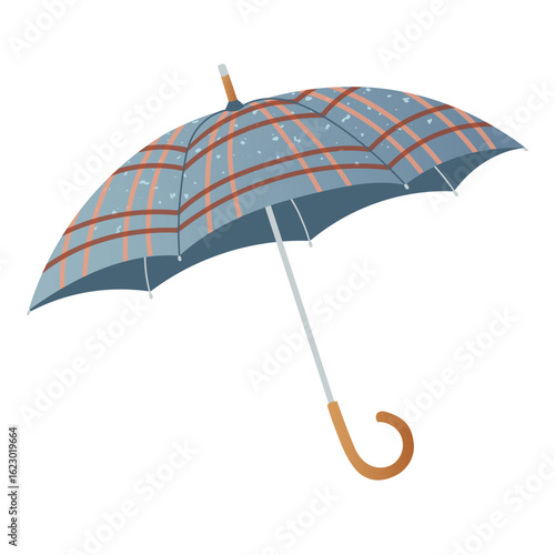 Stylish checkered umbrella in warm autumn colors Textured fabric and curved handle Cozy seasonal accessory for rainy weather, outdoor walks and fall design project Vector parasol illustration isolated
