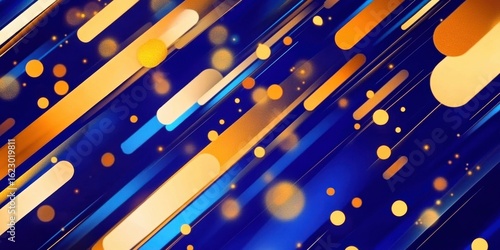 Abstract background with dynamic blue and yellow lines and circles. Modern geometric pattern suitable for digital design and presentations.