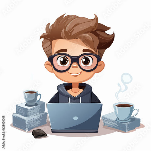 Cartoon boy with glasses and messy hair working on a laptop with coffee and stacks of paper, representing a modern digital lifestyle and learning.