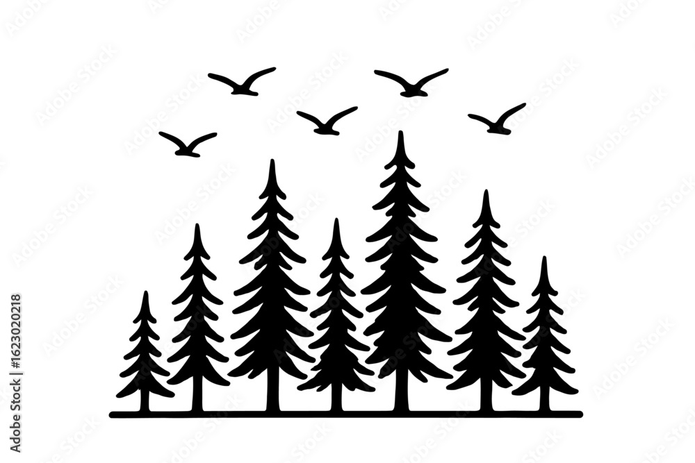 Obraz premium Forest and Birds Silhouette Vector - Nature and Pine Trees Landscape