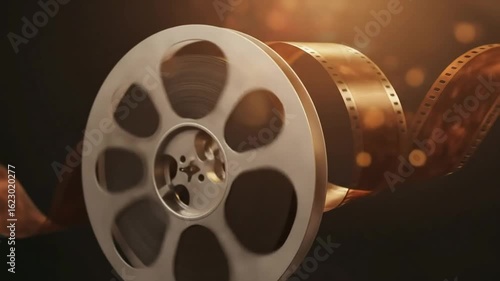 A classic film reel with vintage movie footage unwinding, bathed in warm, nostalgic light, evoking cinema's past.