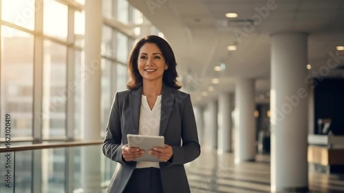A confident businesswoman walks through a bright, modern building hallway, holding a digital tablet and smiling.