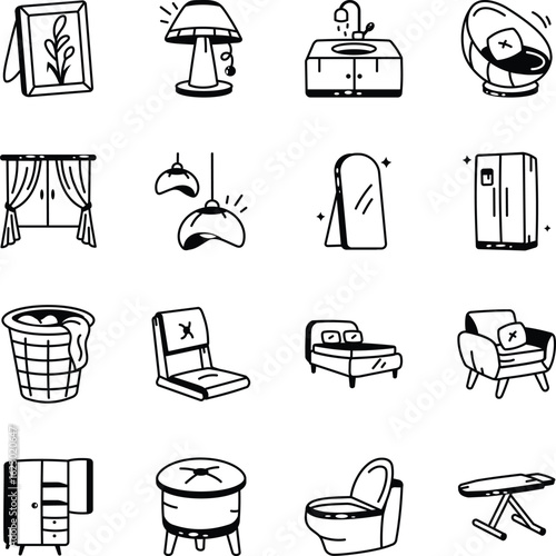 Style Pack of Home Items Doodle Style Icons 
