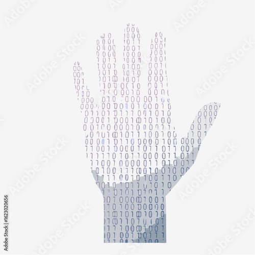 Digital hand formed from binary code representing technology and data in a futuristic concept of artificial intelligence and digital transformation