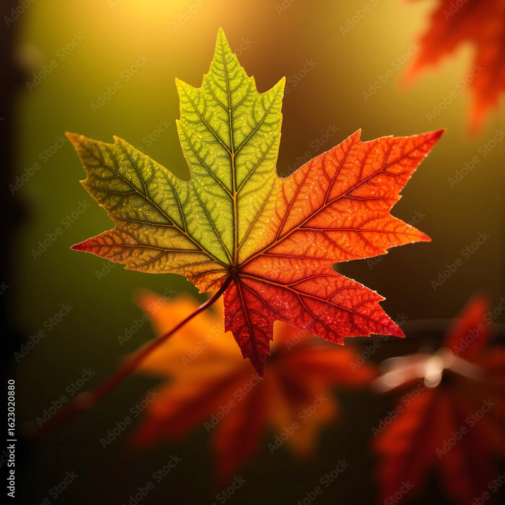 Fototapeta premium maple leaf isolated on a clean surface, showcasing autumn colors and intricate leaf texture, perfect for seasonal design, nature concepts, and fall-themed creative visuals