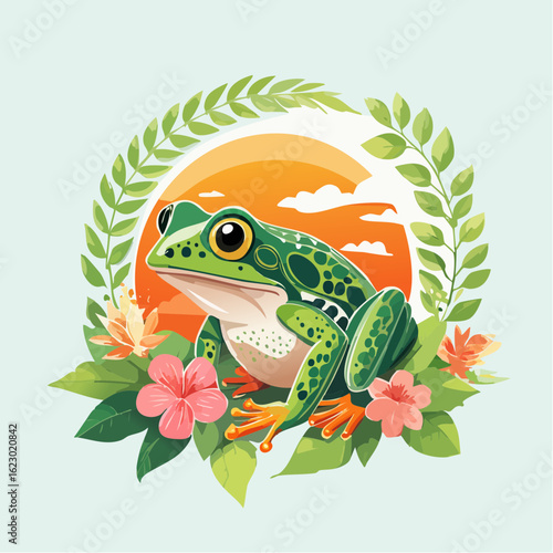Enchanting amphibian composition, features a vibrant green frog basking within floral foliage