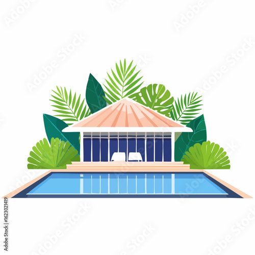 Modern tropical resort pavilion with a swimming pool and lush green foliage creating a serene and inviting vacation atmosphere