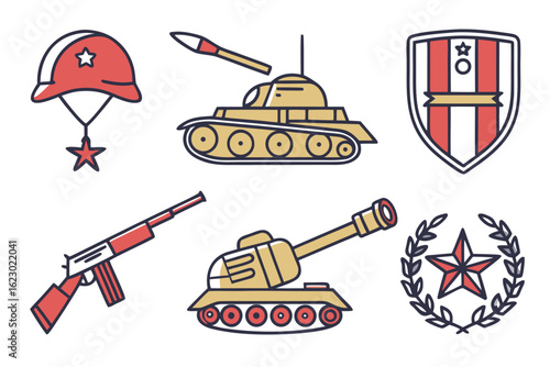 Collection of military equipment and symbols, isolated on white background