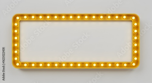 Blank White Marquee Sign with Yellow Light Bulbs on White Wall