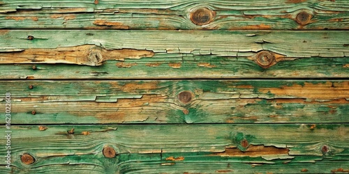Rustic Weathered Green and Brown Wooden Planks Background Texture Featuring Knots and Peeling Paint