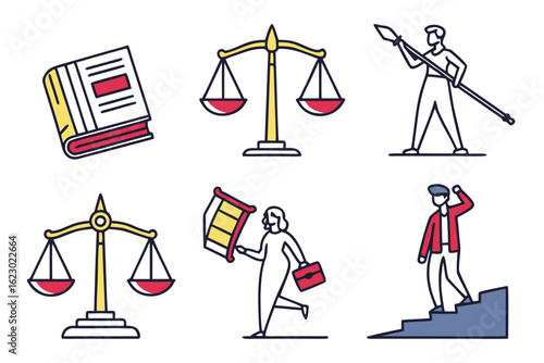 Collection of legal and justice symbols with people isolated on white background