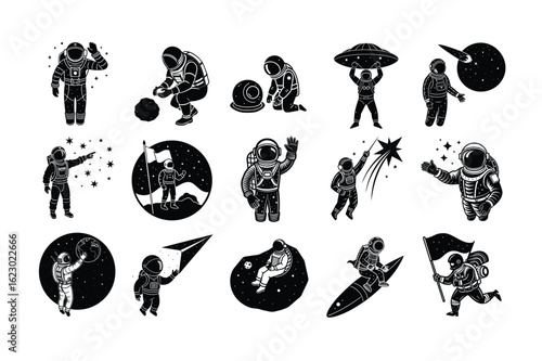 Set of Retro Space Astronaut silhouettes vector