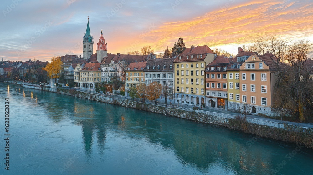 Obraz premium Sunset over River Cityscape with Cathedral Towers
