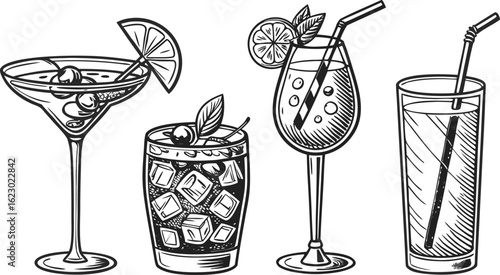 Flat vector drink is sitting in glass with ice, citrus slices, garnishes on transparent background. a detailed vintage-style vector illustration of assorted cocktail and drink glasses. 