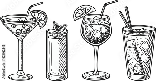 Flat vector drink is sitting in glass with ice, citrus slices, garnishes on transparent background. a detailed vintage-style vector illustration of assorted cocktail and drink glasses. 