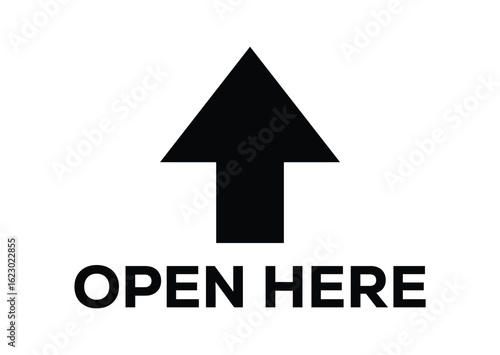 Minimalist black UPWARD arrow with "OPEN HERE" text in bold sans-serif font on a clean white background. Simple and functional design for signage, packaging, or instruction use.
