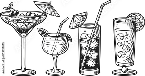 Flat vector drink is sitting in glass with ice, citrus slices, garnishes on transparent background. a detailed vintage-style vector illustration of assorted cocktail and drink glasses. 