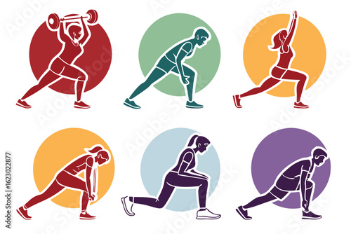 Diverse group of people performing various fitness exercises and workouts