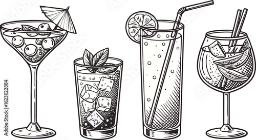 Flat vector drink is sitting in glass with ice, citrus slices, garnishes on transparent background. a detailed vintage-style vector illustration of assorted cocktail and drink glasses. 