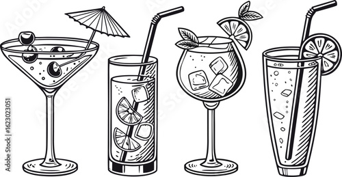 Flat vector drink is sitting in glass with ice, citrus slices, garnishes on transparent background. a detailed vintage-style vector illustration of assorted cocktail and drink glasses. 