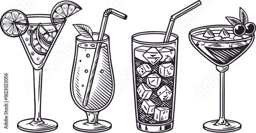Flat vector drink is sitting in glass with ice, citrus slices, garnishes on transparent background. a detailed vintage-style vector illustration of assorted cocktail and drink glasses. 